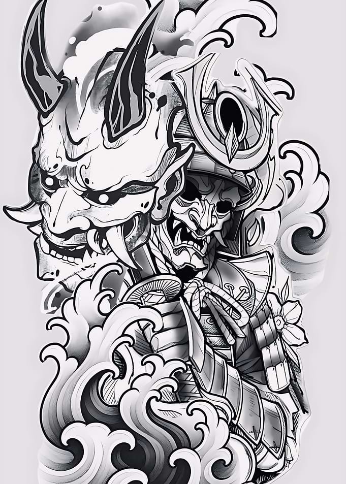 Samurai and Oni Tattoo Design