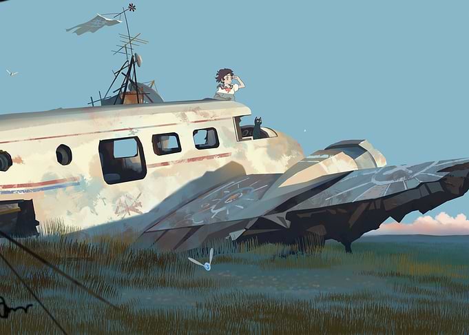 Abandoned Airplane with Girl and Cat