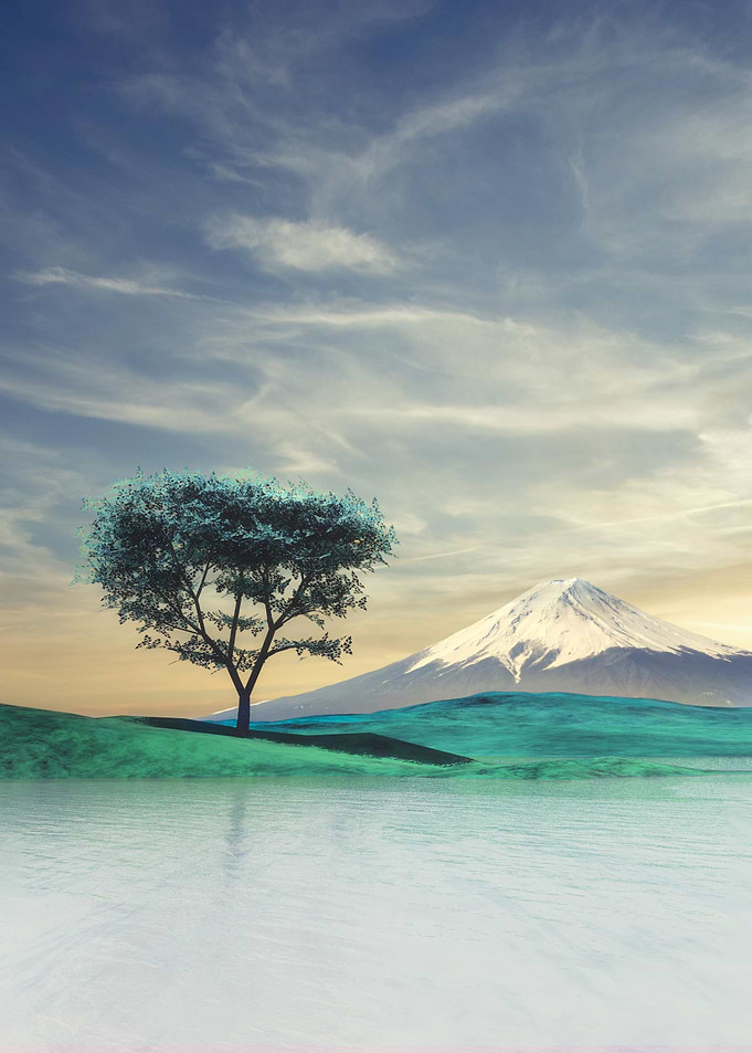 Lake Landscape with Mountain and Tree