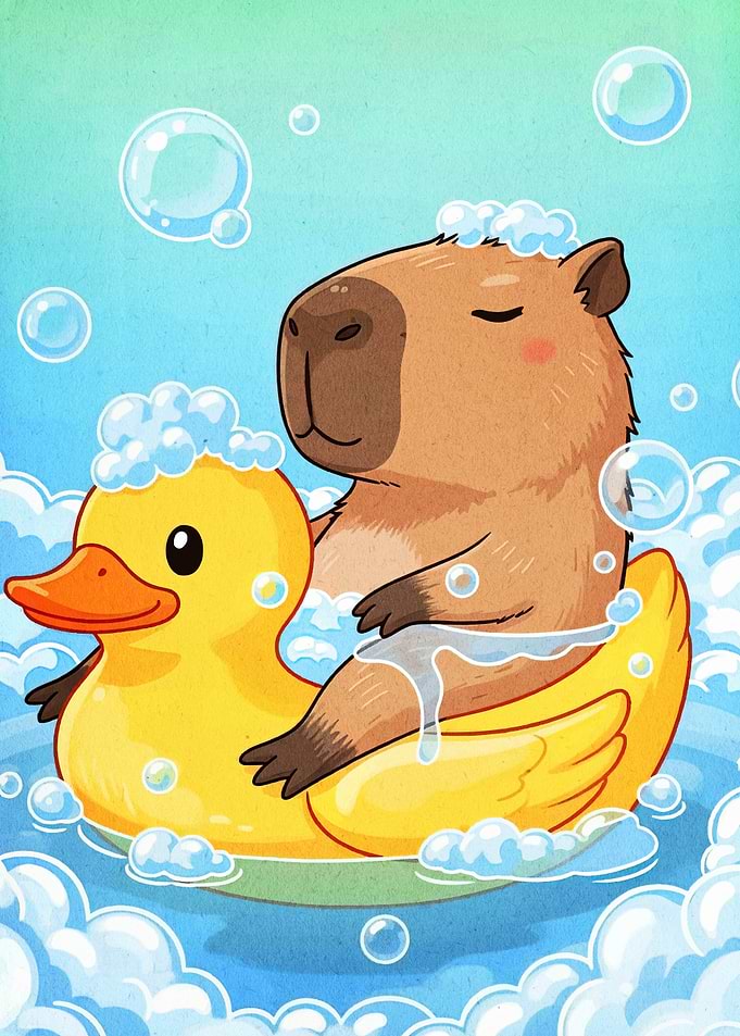 Capybara on Duck Float in Bubbles