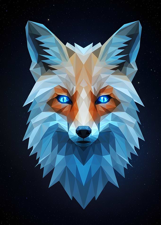 Geometric Fox with Glowing Blue Eyes