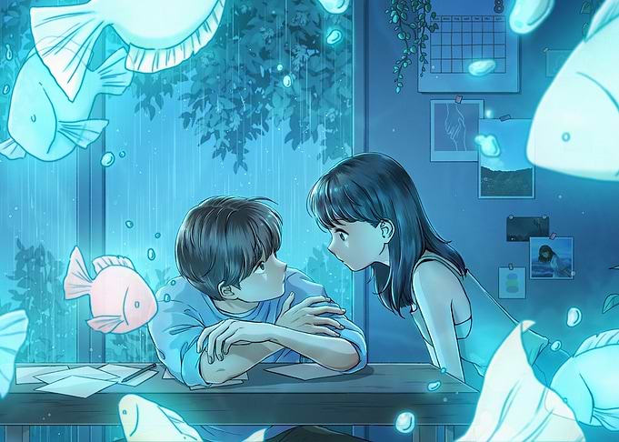 Anime Couple with Floating Fish