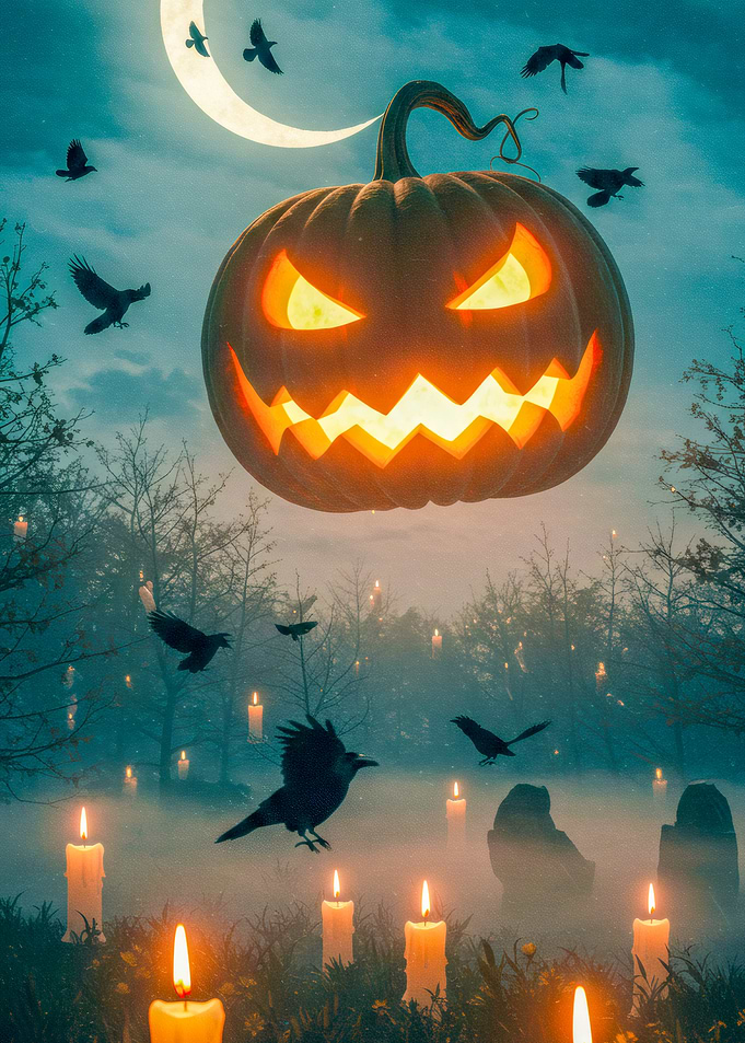 Halloween Pumpkin with Ravens and Candles