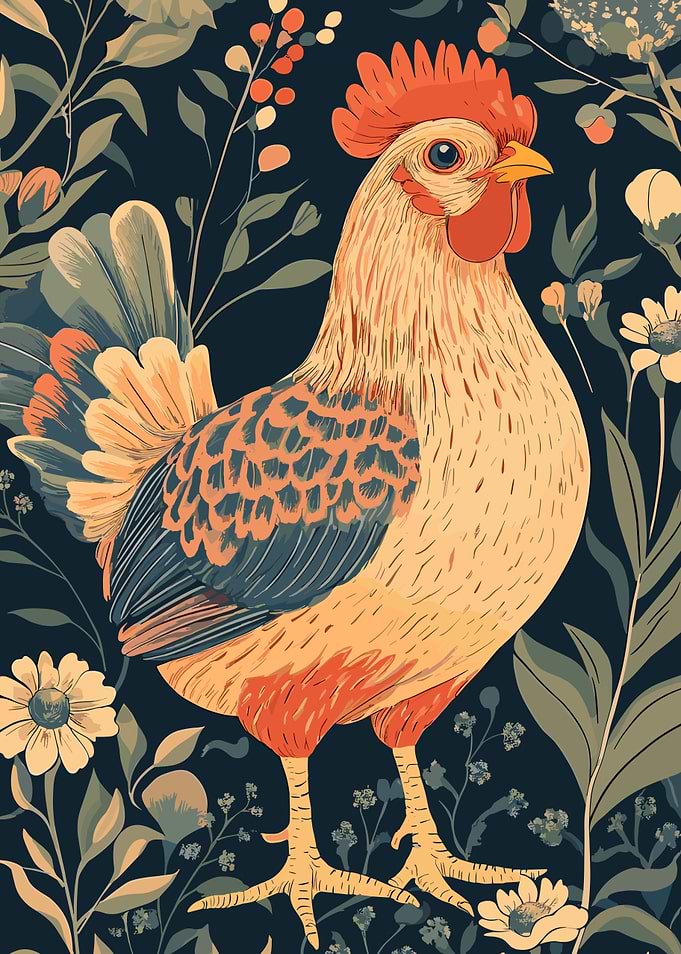Rooster in Floral Garden Illustration