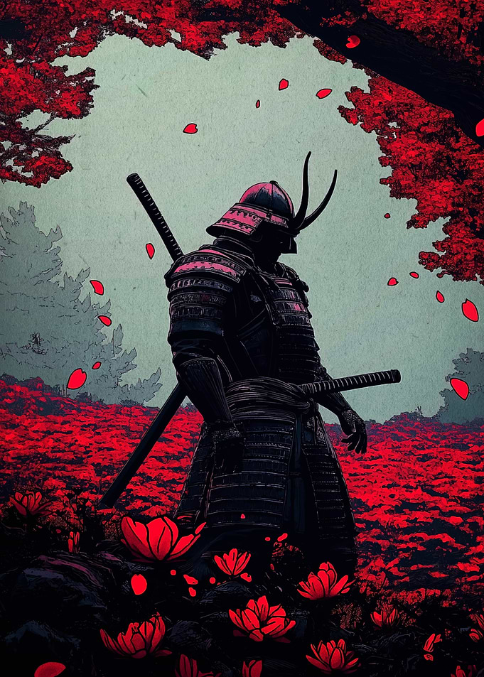 Samurai in Red Flower Field
