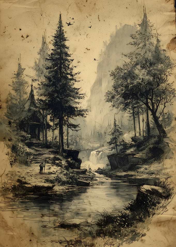Monochrome Landscape with Waterfall and Cabin