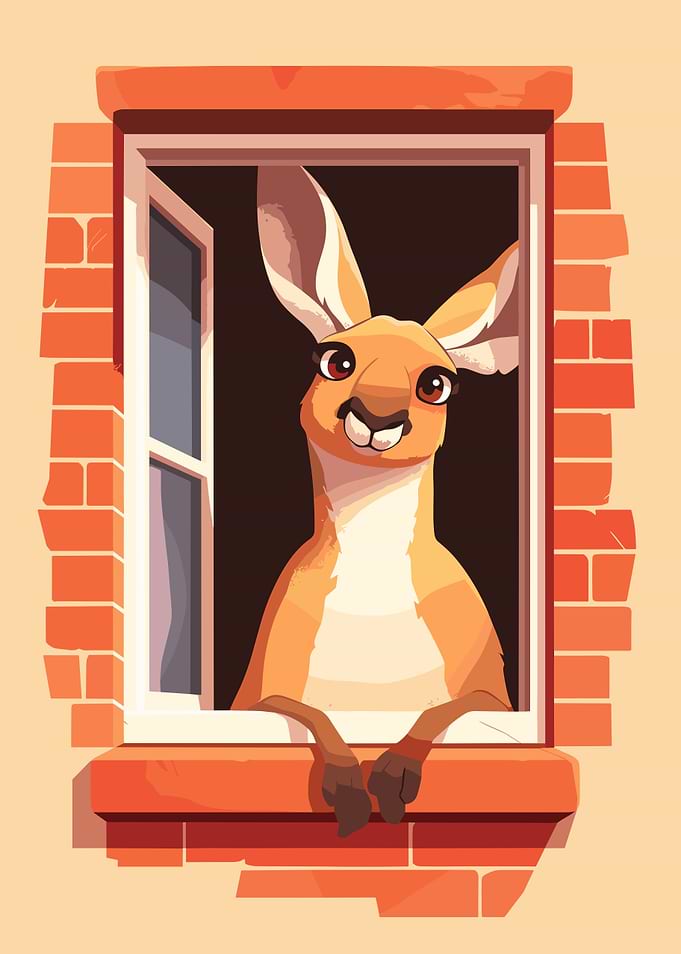 Cartoon Kangaroo in Window Illustration