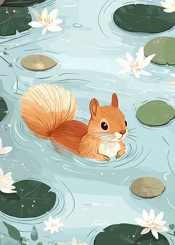Squirrel Swimming in Lily Pond Illustration