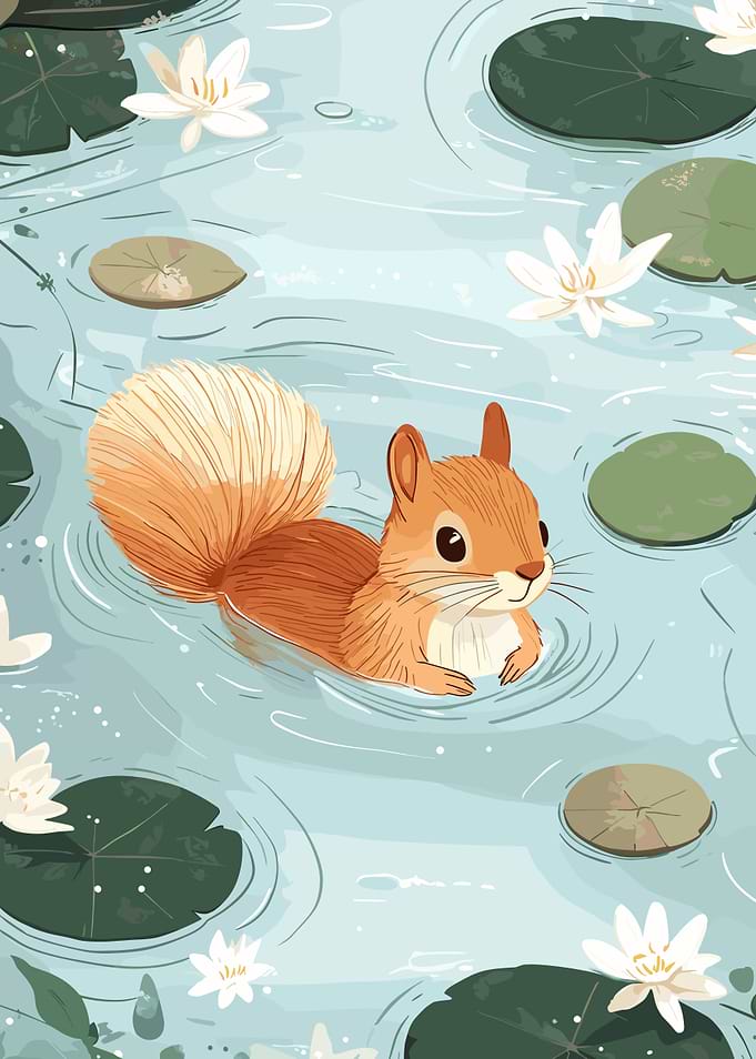 Squirrel Swimming in Lily Pond Illustration