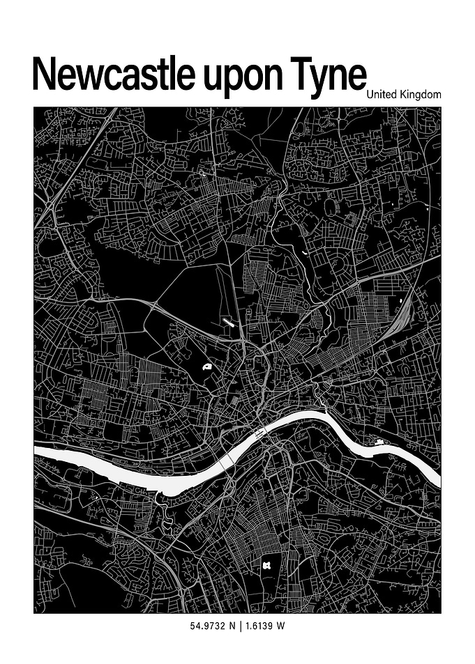Newcastle upon Tyne Black and White Map