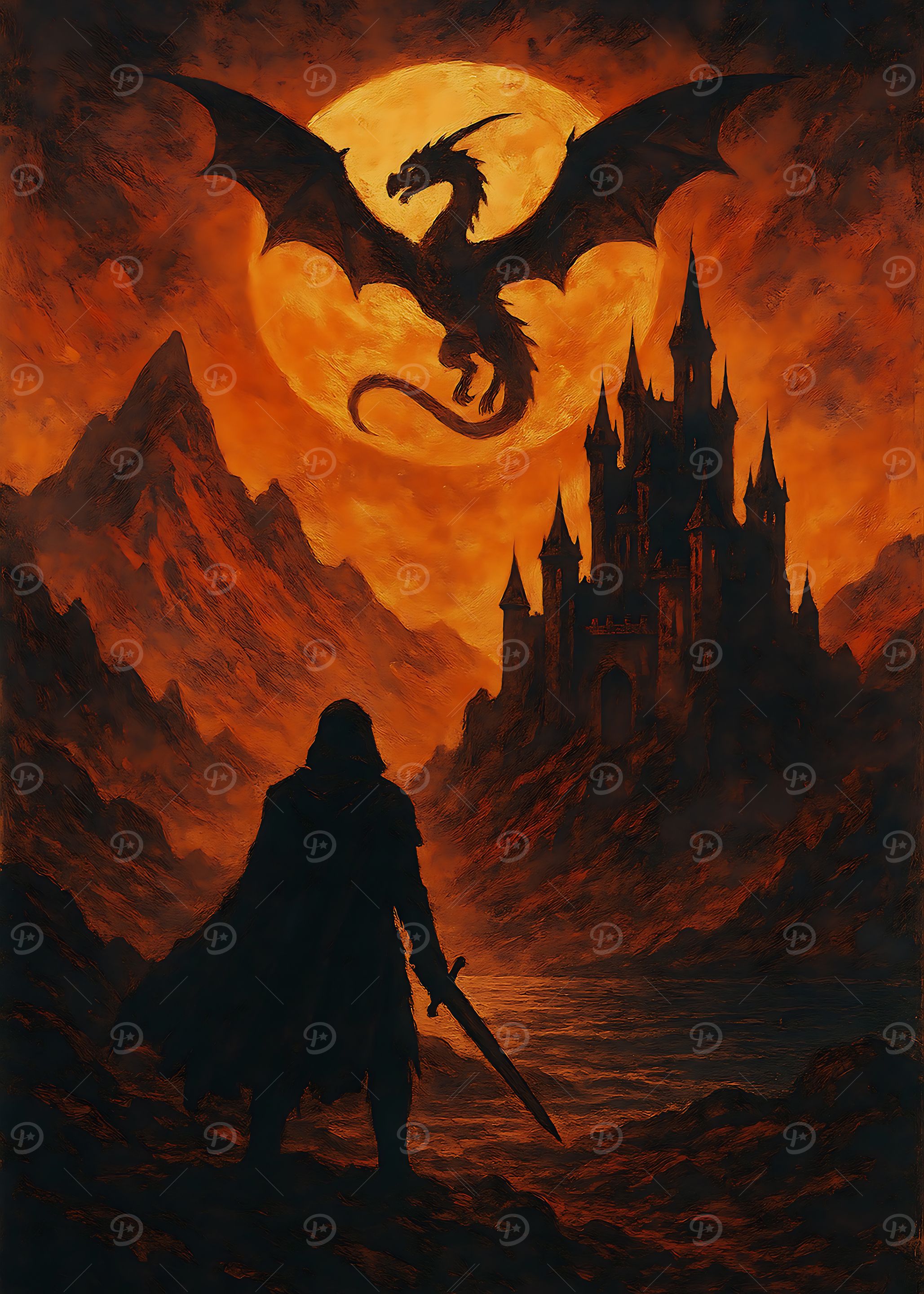 Dragon, Knight, and Castle Fantasy Art
