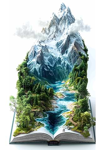 Mountain landscape emerging from open book