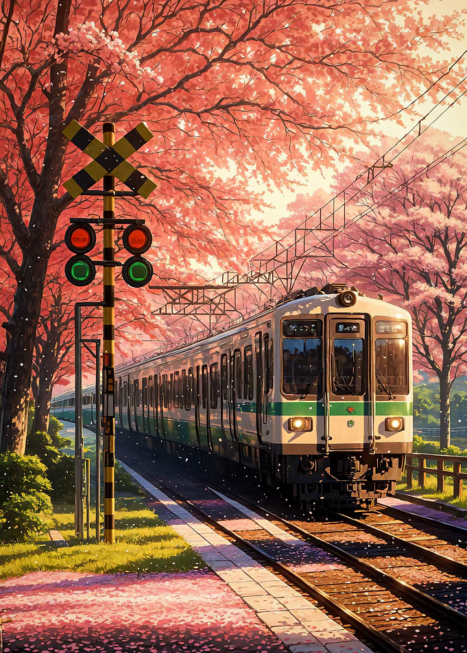 Japanese Train with Cherry Blossoms Sakura Spring
