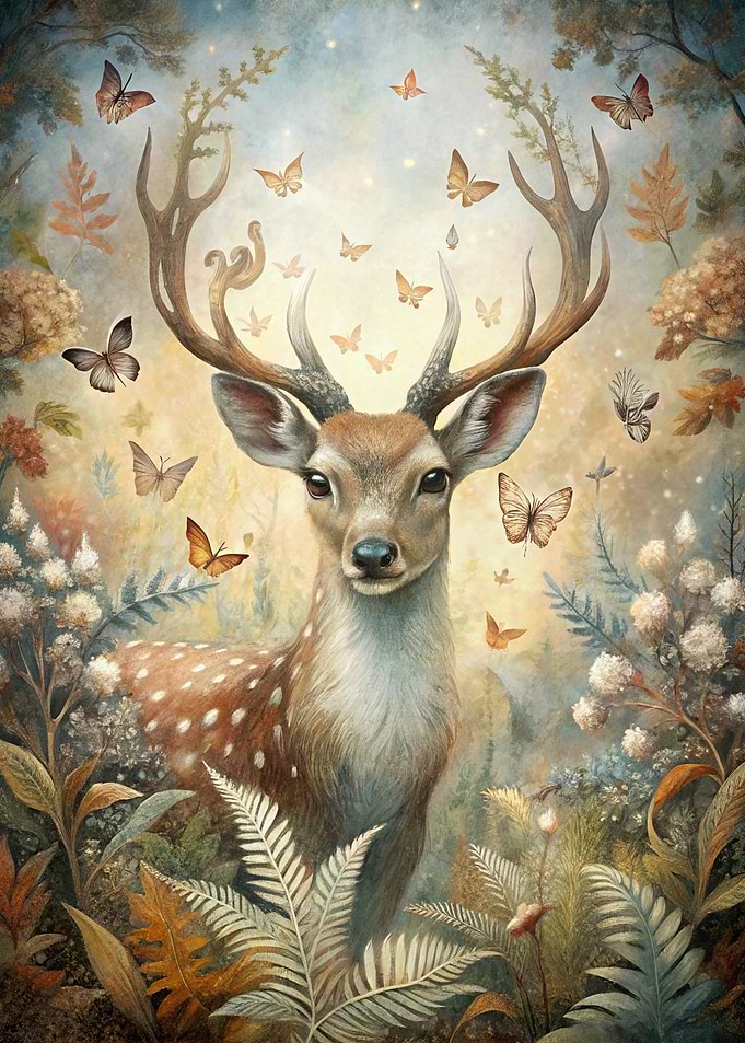 Deer and Butterflies in Forest