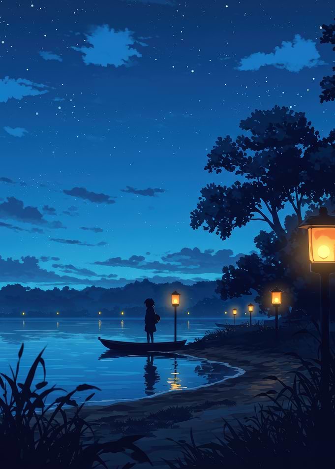 Nighttime Lakeside Scene with Figure in Boat