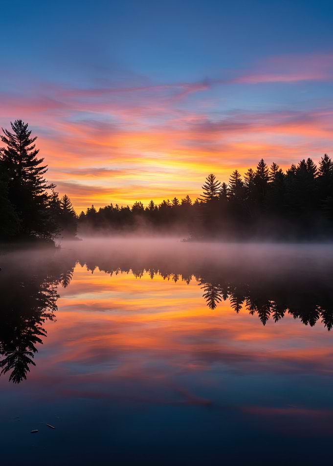 Sunset Misty Forest Lake
