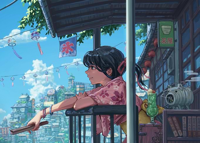 Anime Girl at Tea House Balcony