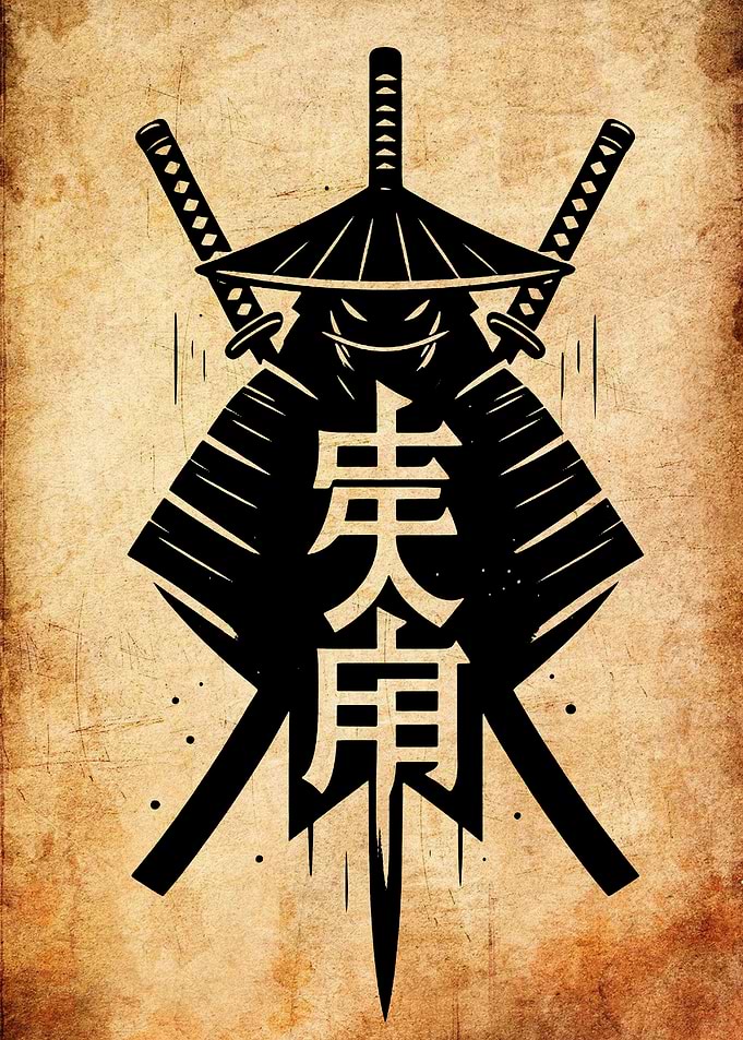 Samurai Warrior with Swords and Kanji