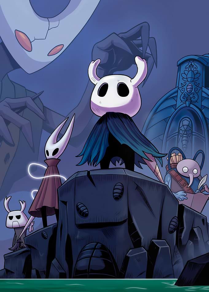 Hollow Knight characters on a rock