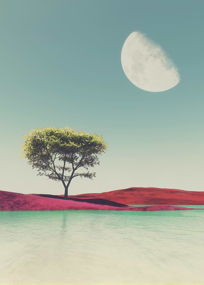 Surreal Landscape with Moon and Tree