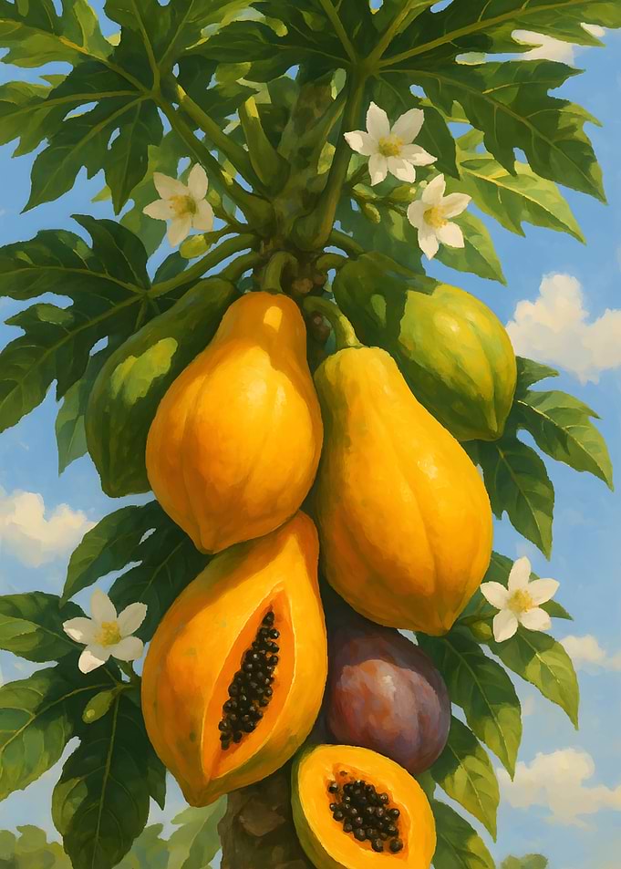 Papaya Tree with Fruit and Flowers