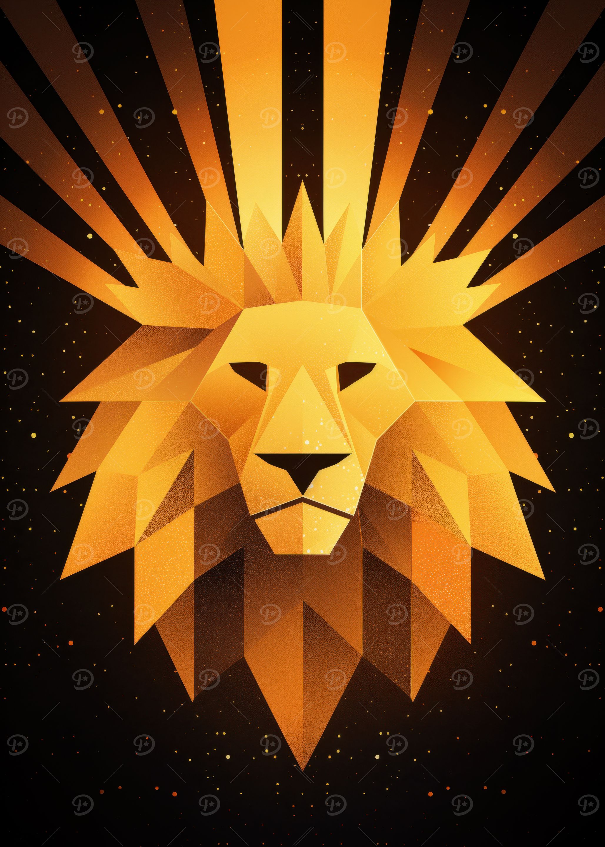Golden lion vector portrait with radiant rays