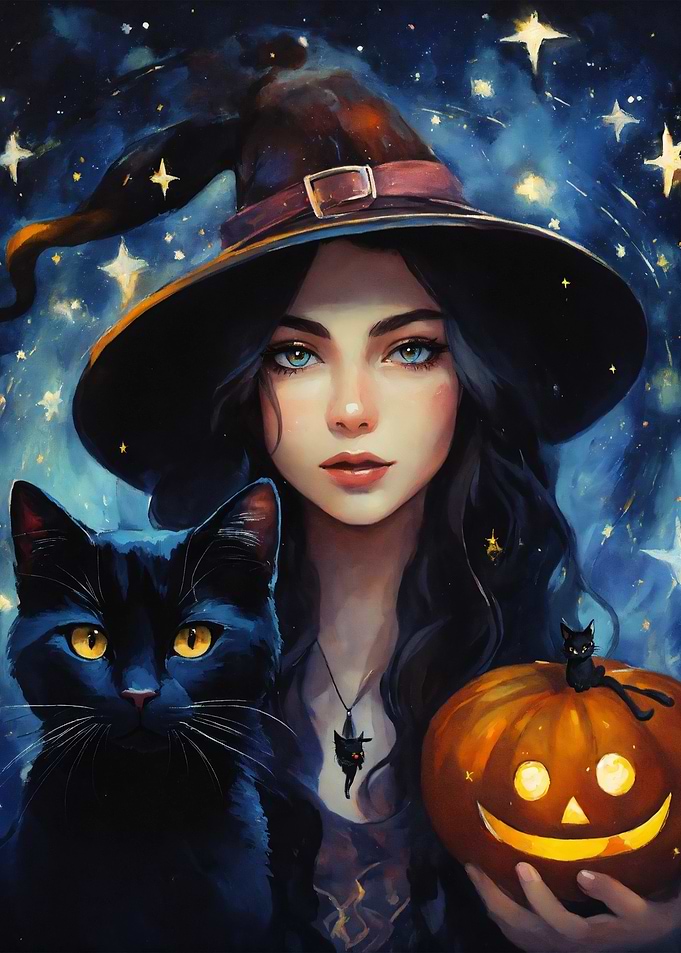 Halloween Witch with Black Cat and Pumpkin