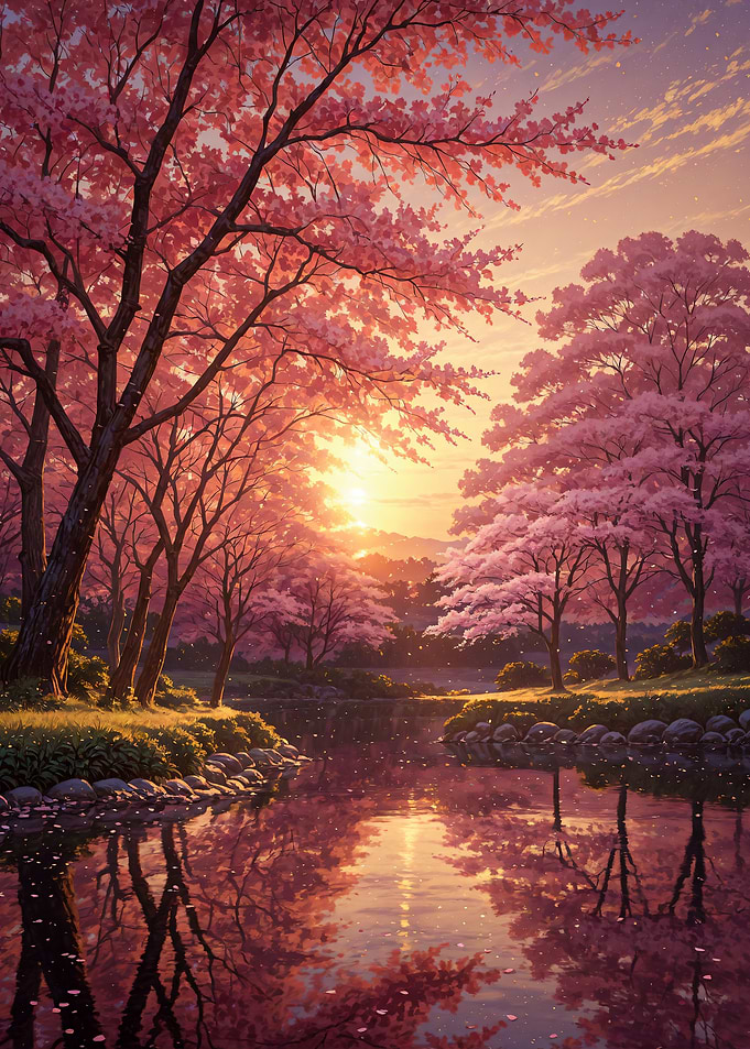 Sakura Cherry Blossom Trees Reflecting in Water