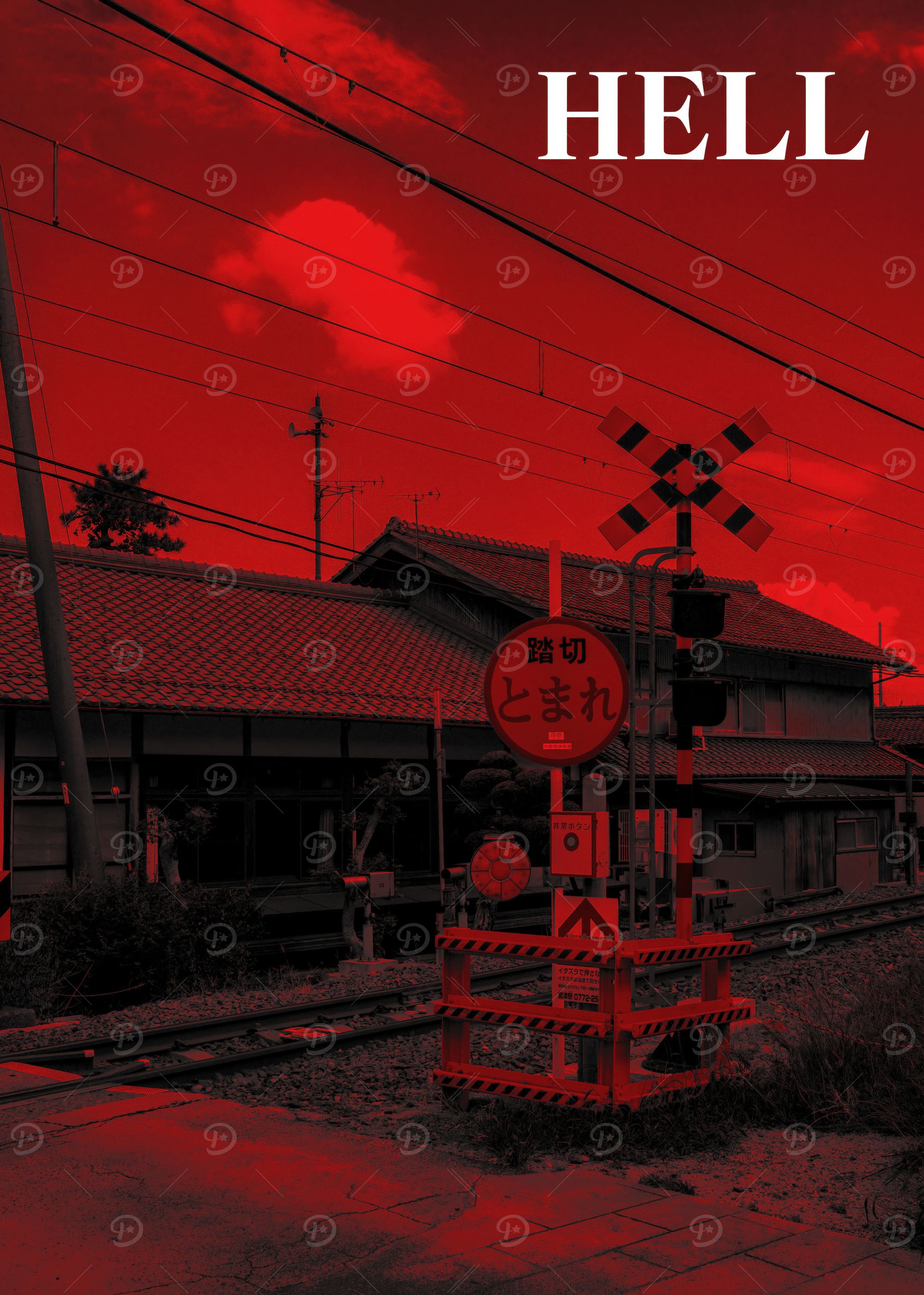 Red Japanese Railroad Crossing to Hell Concept