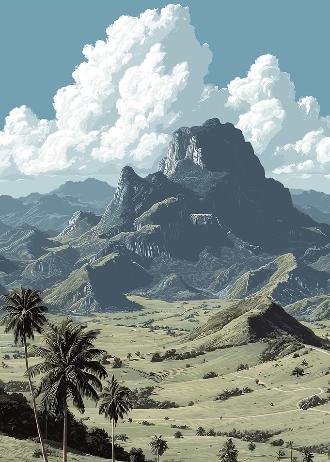 Tropical Mountain Landscape with Palm Trees