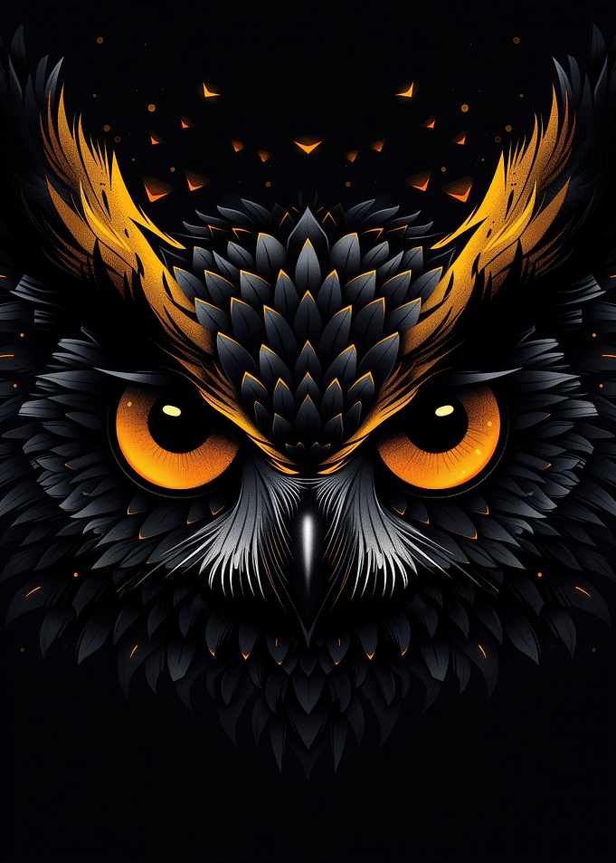 Fierce owl vector portrait with fiery orange eyes