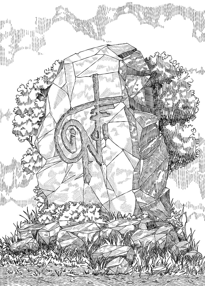Monochrome Stone Monument with Symbol