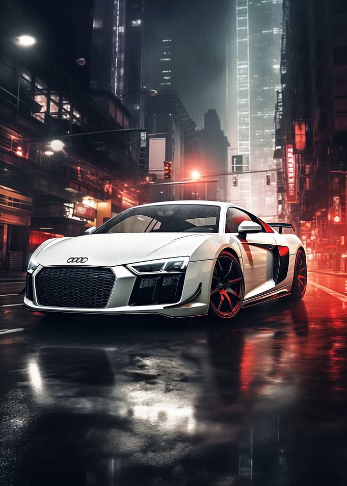White Audi R8 in Cityscape