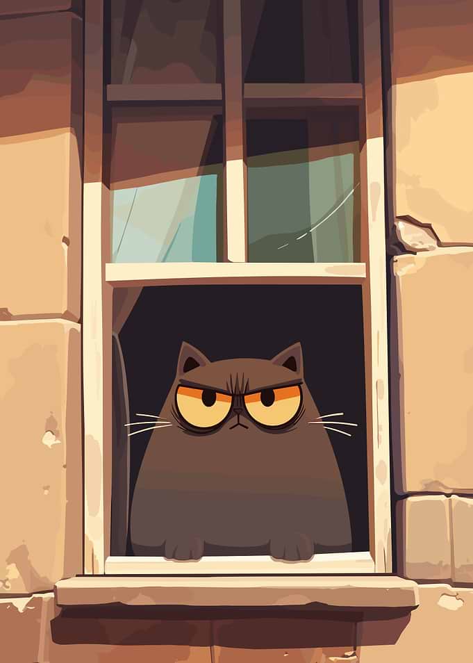 Grumpy Cat in Window Cartoon