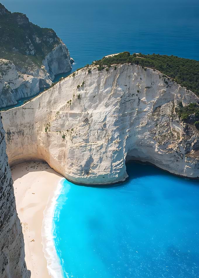 aerial shot Navagio Beach, Zakynthos, Greece towering white cliffs surrounding a pristine sandy beach with crystal-clear turquoise water