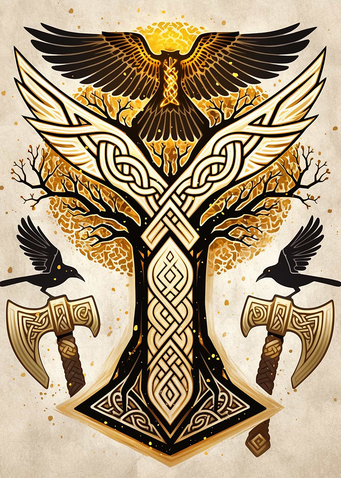 Yggdrasil with Ravens and Axes