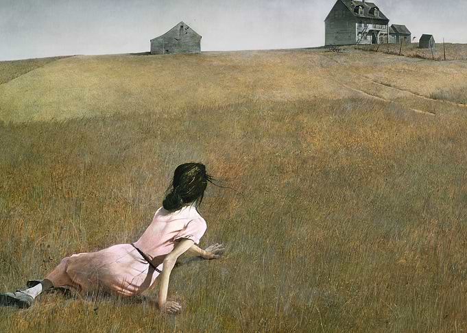 Girl in Field with Distant Houses