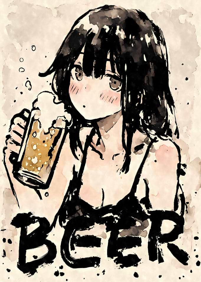 Anime Girl with Beer Watercolor