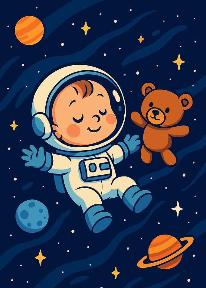 Baby Astronaut with Teddy Bear in Space