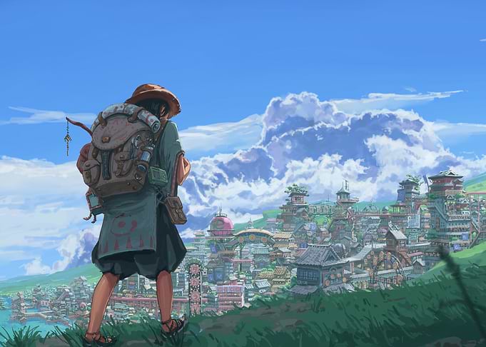 Anime Traveler Overlooking Fantasy Cityscape
