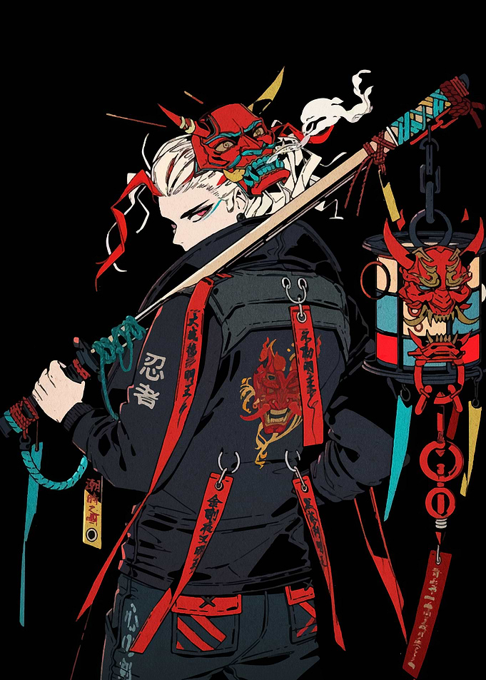 Cyberpunk Ninja with Oni Mask