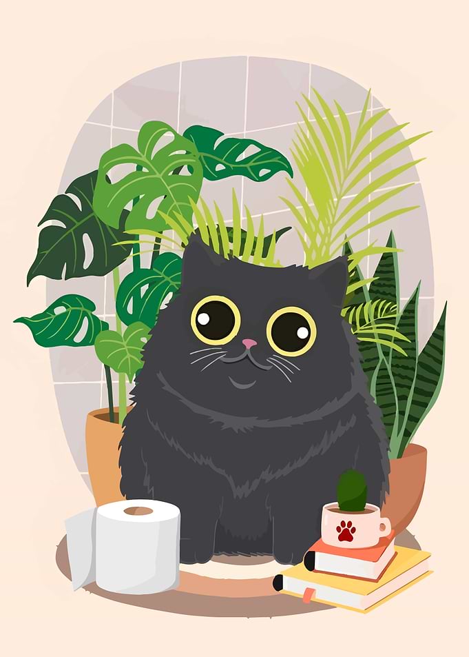 Cute Cat with Plants and Books