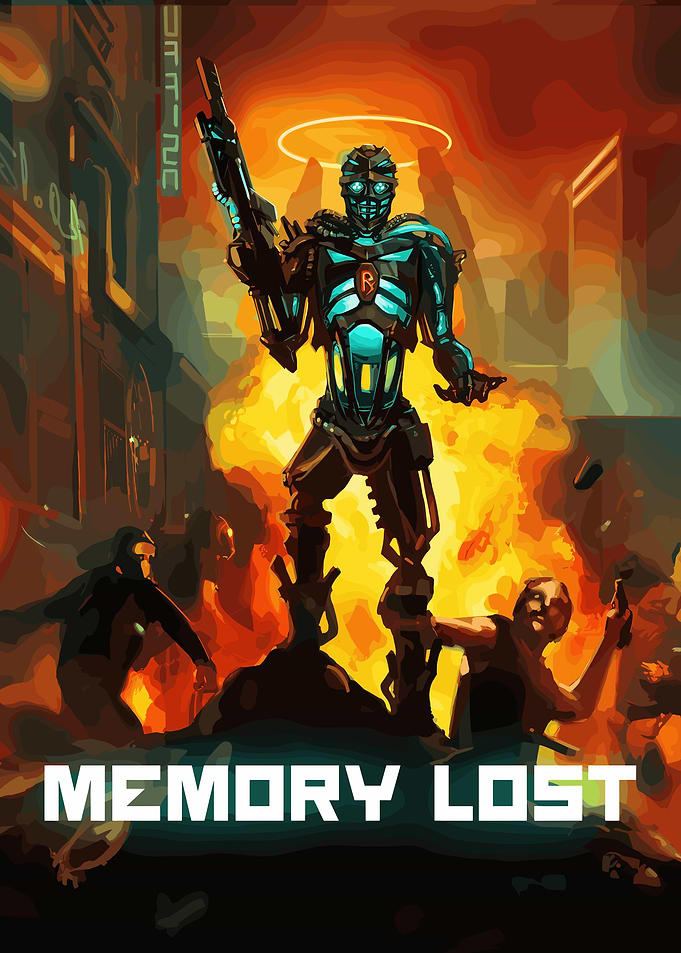 Memory Lost: Cyberpunk Robot in Flames