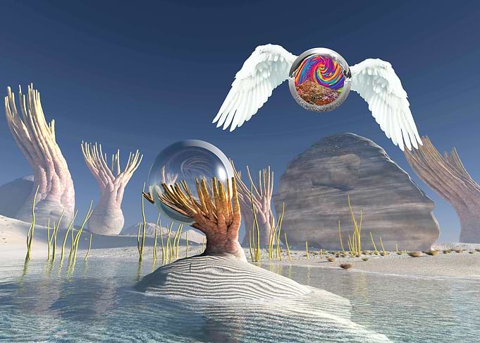 Surreal Landscape with Spheres and Wings