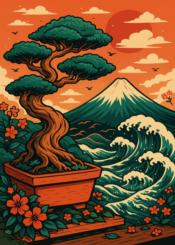 Bonsai Tree with Mount Fuji Background