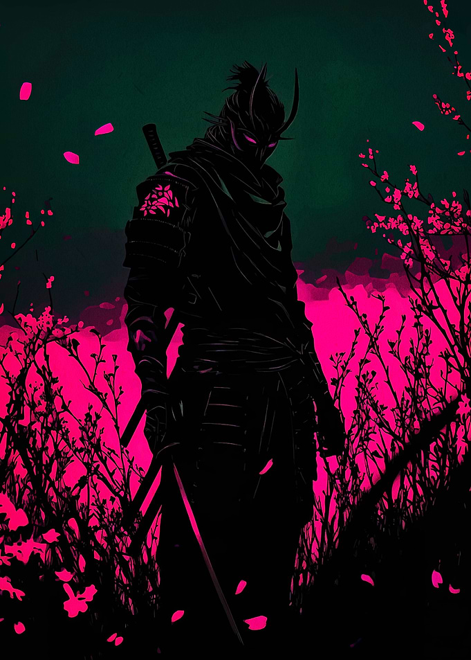 Silhouette Samurai with Cherry Blossoms