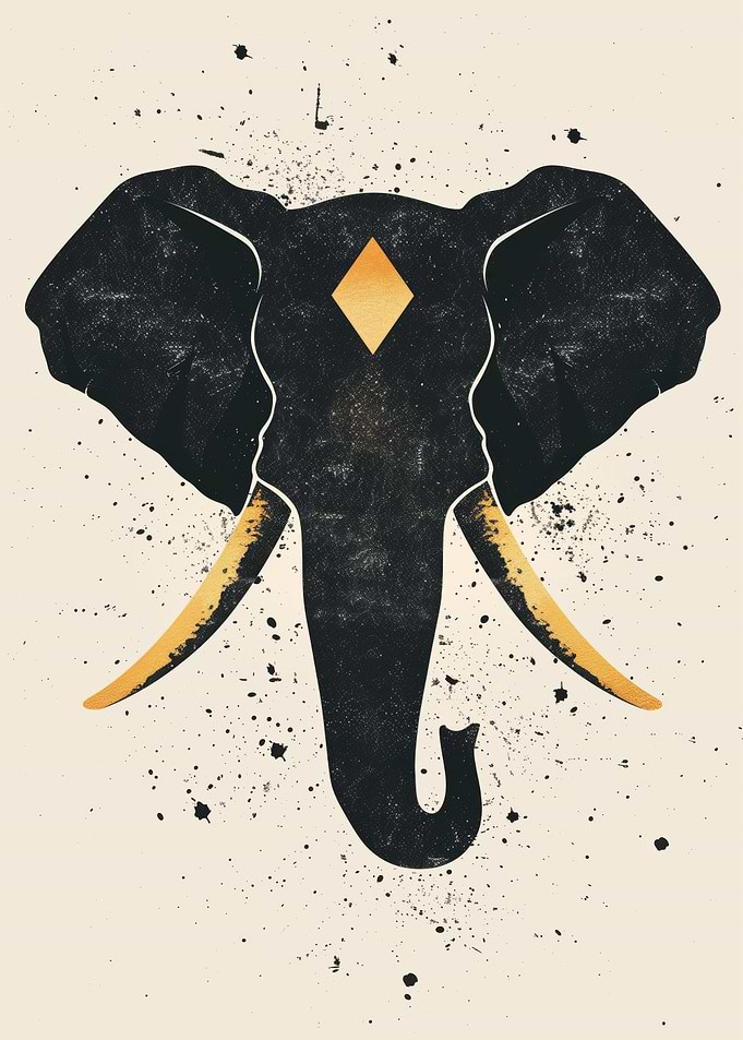 Abstract elephant vector portrait with golden tusks