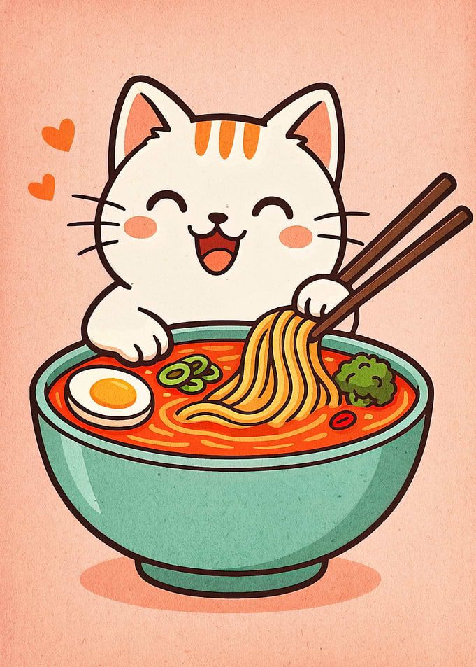 Cute Cat Eating Ramen Illustration