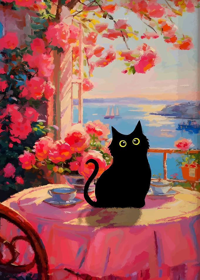 Black Cat on Balcony with Roses
