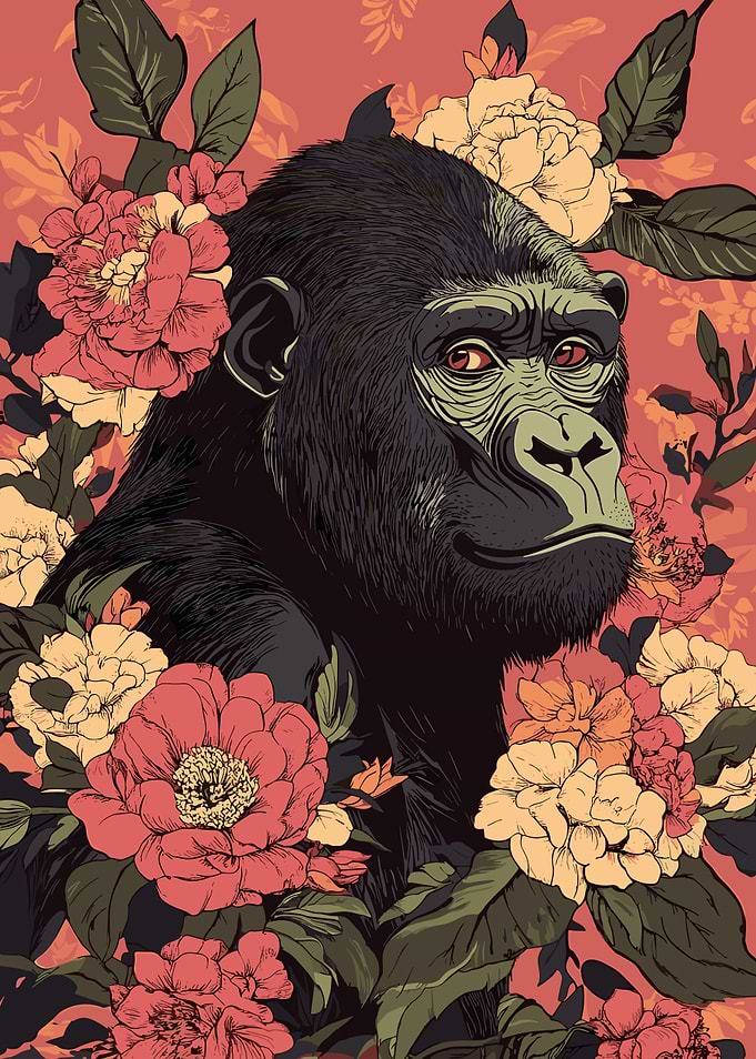 Gorilla Surrounded by Flowers Illustration